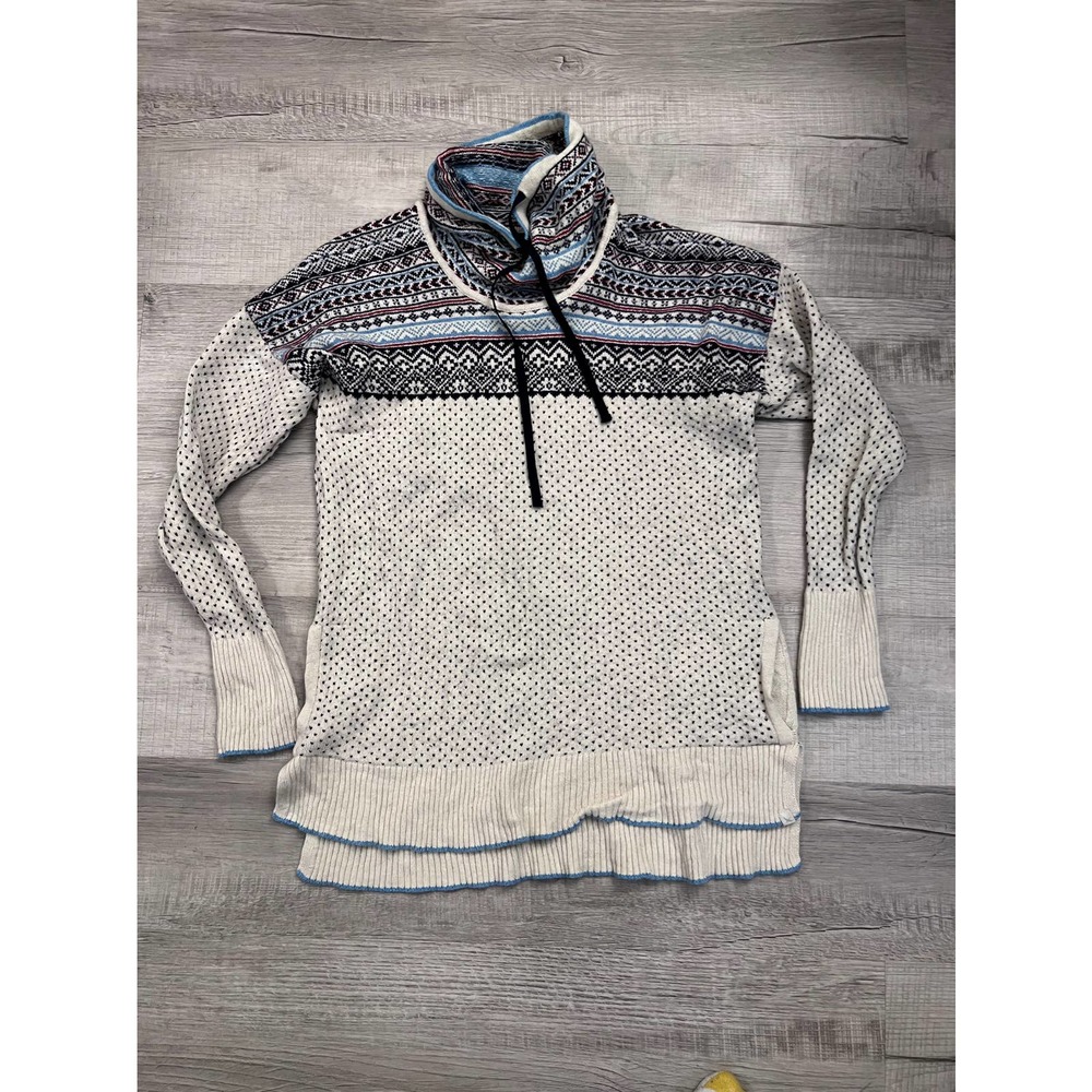 Eddie Bauer Cream Fair Isle Cowl Sweater with Blue and Brown Accents